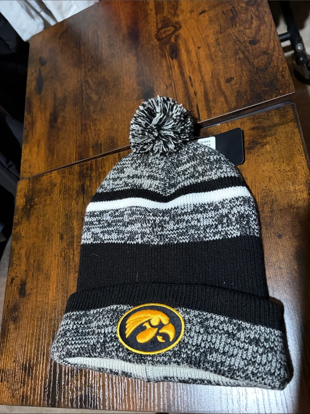 Adults Black & Gray Pom Knit Beanie with Yellow Logo